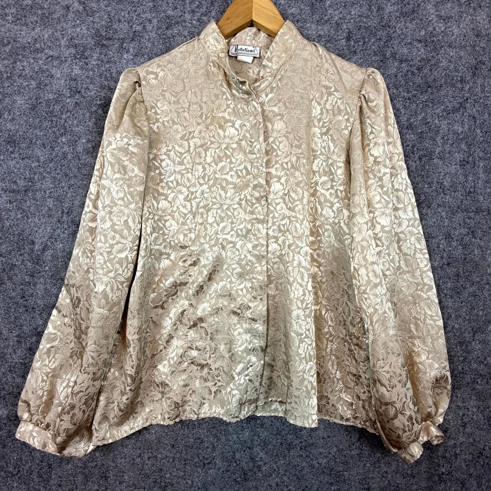 Vintage Notations Secretary Blouse Womens 14 Beige Floral Jacquard Office Siren